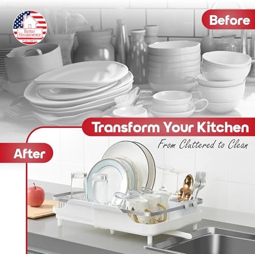 Better Houseware Expandable Dish Drying Rack - Space-Saving Stainless Steel Dish Racks for Kitchen Counter with drainboard and Detachable Cutlery Holder, Large, White - Image 5