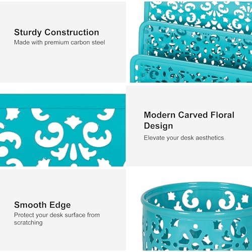 EasyPAG Desk Organizers and Accessories 5 Pieces Office Supplies Set - 2 Tier Paper Tray, Pencil Organizer for Desk, Mail Sorter Countertop, Business Card Holder and Sticky Note Holder, Dark Teal - Image 2