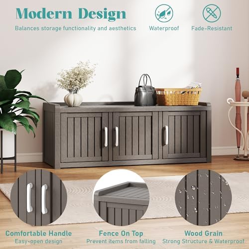 2-Tier Storage Bench, Waterproof UV-Resistant Outdoor Shoe Storage Cabinet with 3 Doors & Adjustable Shelves for Indoor Outdoor Entryway, Hallway, Living Room (Grey) - Image 4
