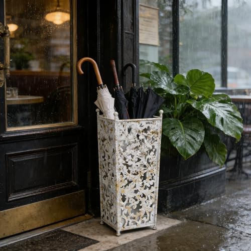 Vintage White Metal Umbrella Holder with Ornate Cutout Pattern Antique Decorative Umbrella Stand with Detachable Drip Tray for Entryway Storage Umbrellas Canes & Walking Sticks (White) - Image 6