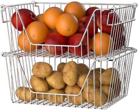 Slideep 14'' Large Stackable Storage Baskets Cabinet Organizer Sturdy Metal Wire Pantry Freezer Bin for Pantry Home Bathroom Kitchen Organization 2 Packs - Image 3