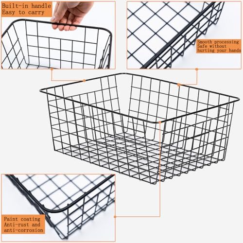 3 Pack Large Wire Baskets for Organizing 14.2'' Metal Wire Baskets with Built-in Handles, Wire Storage Basket Black Metal Freezer Organizer Wire Basket for Pantry, Cabinets, Bathroom - Image 3