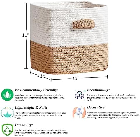 R RUNKA Storage Cube Baskets for Organizing -3 Pack -11 inch Square Baskets for Cube Storage, Closet Storage Bins-Woven Cube Storage Bins for Shelves- Ideal for Toy Storage |White & Khaki - Image 2