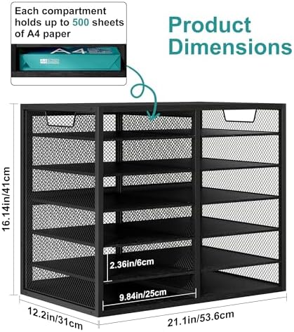 TQVAI 12 Compartments Desktop Literature Organizer, Metal Frame Paper Sorter with Handles, Adjustable Mailbox for Classroom and Office, Desk File Organizer for Document, Bill, Magazine, Black - Image 2