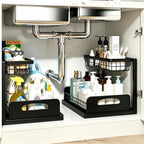 2 Pack Upgraded Under Sink Organizer, 2 Tier Pull out Kitchen Cabinet Organizer Metal Slide out Bathroom Organizers and Storage Makeup Drawer Organizer for Office Bedroom Restroom Living Room, L-Black by EGBULL