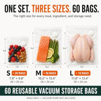 Vacuum Sealer Bags for Food, 60 Pcs Reusable Food Storage Bags, S+M+L Sizes, Air Valve Zipper Bags for Meal Prep, Freezer, Sous Vide & Microwave Storage - Image 4