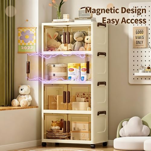 4 Tier Storage Bins with One Lids 23QT Plastic Storage Boxes with Wheels Collapsible Storage Containers Organizers for Living Room Office Dorm, White - Image 3