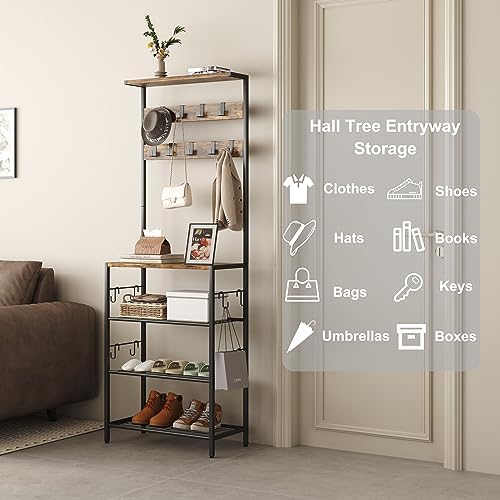 HOMEFORT Coat Rack with Shoe Storage, 5-Tier Shoe and Coat Rack with 9 Clothes Hooks, Freestanding Hall Tree Organizer for Entryway, Bedroom, Rustic Brown - Image 6