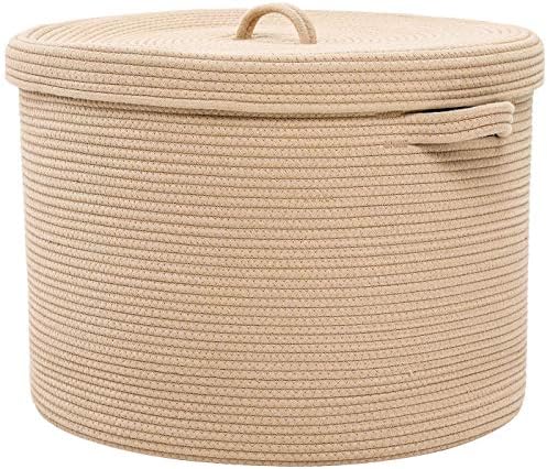 20x15 Inch Extra Large Round Cotton Rope Storage Basket with Lid, Decorative Woven Bin with Cover for Living Room Bedroom Closet, Beige by Cottonphant