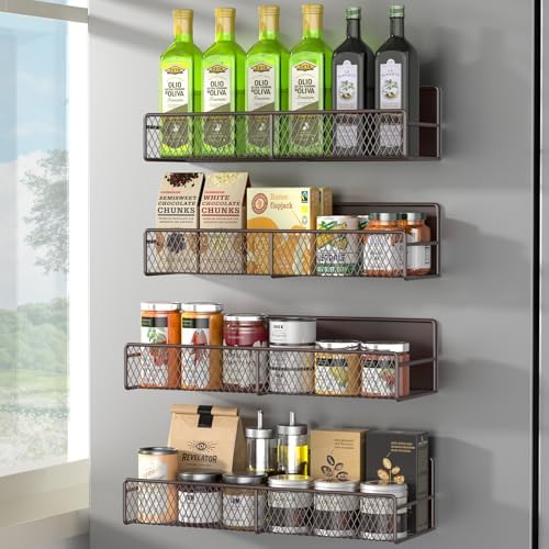 DTUQYX Magnetic Spice Rack for Refrigerator, 4 Pack 100% Metal Strong Magnet Fridge Shelves, Space Saving Spice Organizer, No Drilling Moveable Home Kitchen Laundry Room Storage Organization, Brown by DTUQYX
