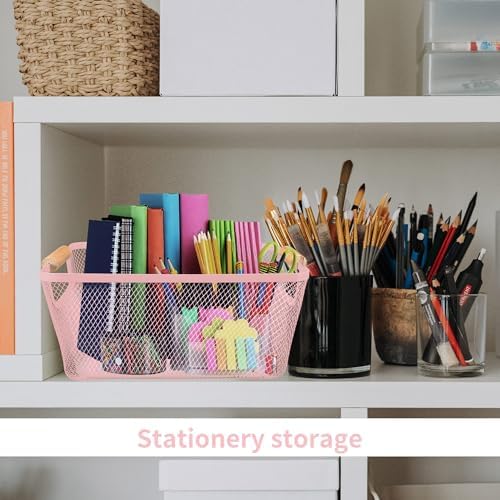 PTSGCAI 2Pack Metal Mesh Steel Basket with Bamboo Handle - Wire Metal Basket for Kitchen Organization, 12" Wide Food Organizer Bin, Perfect for Organizing Bulk Pantry (PINK) - Image 5