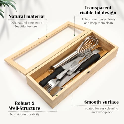 Baderke 2 Pieces Bamboo Drawer Organizer with Clear Lid Stackable Utensil Organizer Kitchen Silverware Holder Bamboo Flatware Cutlery Storage Box in Drawer - Image 3