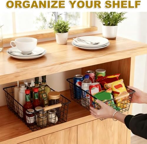 4 Pack Black Metal Wire Storage Baskets, Pantry Baskets for Organizing, Wire Food Storage Basket Organizer with Wooden Handles for Kitchen, Pantry, Freezer - 29 x 22 x 12cm - Image 3