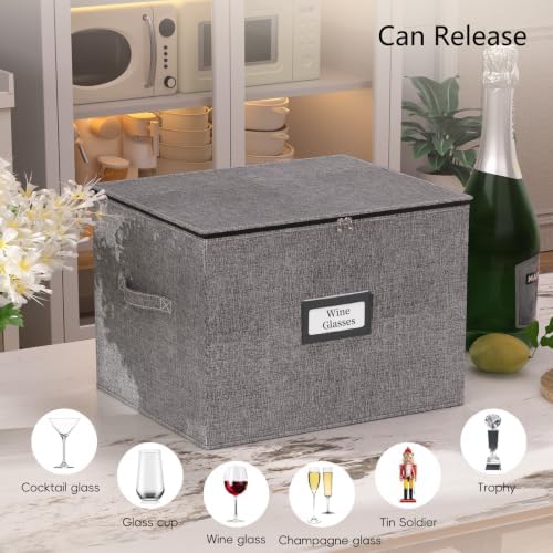2 Pack Stemware and Glassware Storage Cases - Hard Shell Protection with Dividers for 24 Glasses, Stackable Moving Storage Container with Label & Handles - Crystal Glass - Dark Gray - Image 6