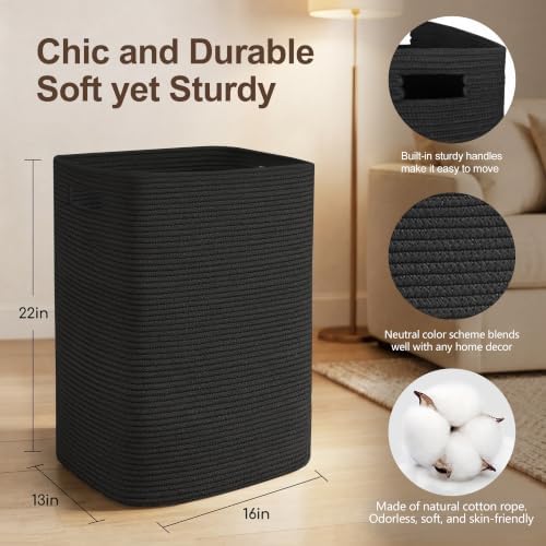 MEGASKET Large Laundry Hamper 16"x13"x22" - Tall Woven Laundry Basket, Cotton Rope Dirty Clothes Hamper, Baby Kids Nursery Wicker Laundry Basket, Bedroom Aesthetic, Soft Laundry Bin, Black Hamper, 75L - Image 2