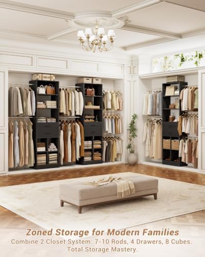 Besiost Small Closet System, 3.2-6.8FT Small Closets Organizer with 2 Wooden Drawers & 5 Hanging Rods, Can Fit 37.5 to 81.9 inch Walk-in Closet System, Black, Enclosed Storage Volume 2.32 ft³ - Image 6
