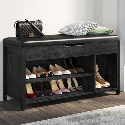 Shoe Bench, Lift Top Shoe Storage Bench, Adjustable Shelf Entryway Bench, Metal and Wood Shoe Rack Organizer with Cushion for Entry, Bedroom, Closet, Living Room, Hallway (Black, 35.5" W) by Astimey