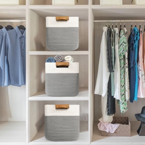 danpinera 3 Pack 11"x11" Woven Basket for Organizing, Square Storage Baskets for Pillows, Towels, Toy, Clothes, Magazines, Decorative Storage Cubes for Bedroom, Living Room, Classroom, Grey - Image 5