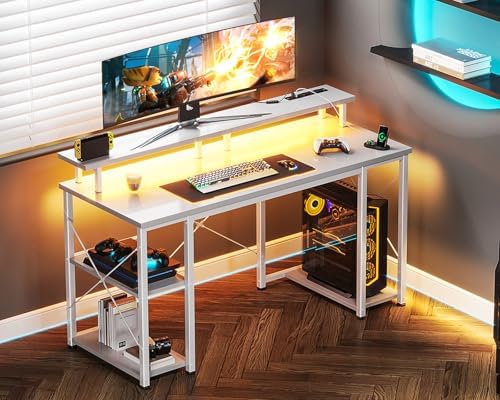 ODK 48 Inch Gaming Desk with LED Lights & Storage Shelves, White - Image 2
