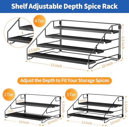 BOIVSHI 4 Tier Spice Rack for Cabinet, Spice Rack Organizer, Depth Adjustable Spice Holder for Countertop, Cupboard, Pantry, Seasoning Shelf, Metal, Black (1 Pack) - Image 4