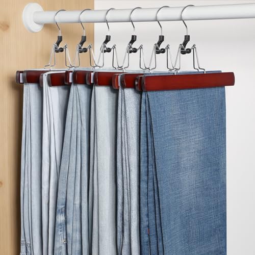 TOPIA HANGER 24 Pack Wooden Pants Hangers, Hair Extension Hangers Non Slip Skirt Hanger Wood Clamp with Velvet Padded 360° Swivel Hook for Jeans, Skirts, Trousers, Wigs Cherry CT68M - Image 2