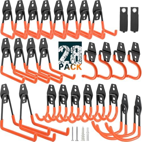 28 Pack Heavy Duty Garage Hooks, Utility Wall Mounted Storage System, with Anti-Slip Coating Hanger, for Hanging Power and Garden Tools, Ladders, Bikes, Ropes and Bulk Items by LUPYJI