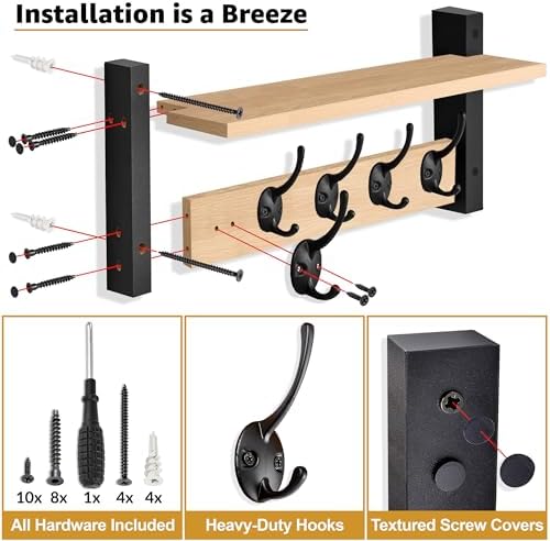 Sorbus Coat Rack Wall Mount with Shelf (Maple Wood, 16 Inch) - Image 5