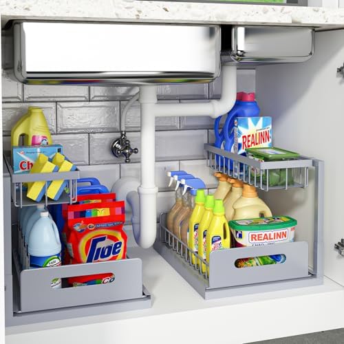 REALINN Under Sink Organizer, L-Shaped 2 Tier Pull Out Cabinet Organizer by REALINN