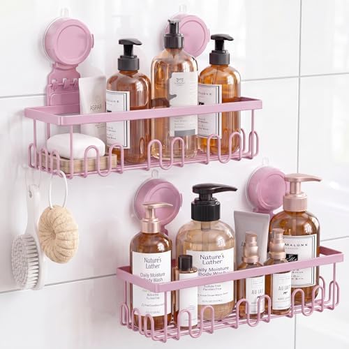JOTPE Pink Suction Cup Shower Caddy, 2 Pack Bathroom Organizer with Hooks by SHOWERORGANIZERANDSTORAGE