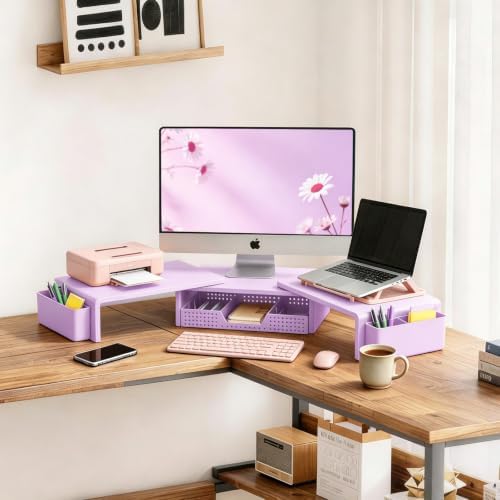 LEKETREE Dual Monitor Stand Riser with Drawer and 2 Pen Holders, Purple - Image 2
