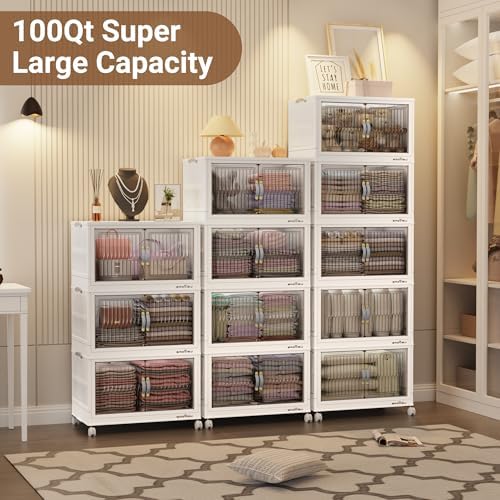 BROVIEW 300Qt Stackable Storage Bins with Lid, Extra Large Closet Organizer Collapsible Drawer Boxes with Wheels, Folding Plastic Cabinet Containers for Home Kitchen Room Organization, 3Pack White - Image 6