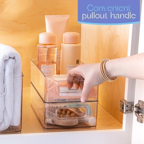 Plastic Food Storage 4 Pack Clear Container Bin with Handles for Organizing Kitchen, Pantry, Refrigerator, Freezer, Pantry, Cabinet, Closet, Bathroom. Stackable 10”x6”x3” - Image 5