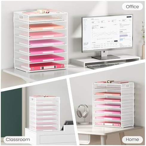 Lavatino 8-Tier Letter Tray Desk Paper Organizer, Mesh File Tray Organizer for Desk, Office Supplies & Home Organization, Fits A4 Paper, Mail, Magazines and Office Accessories (White with Handle) - Image 7