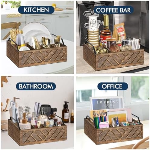Ukonvi Flatware Organizers Paper Plate Dispenser with Handles, Paper Plate Holder for Kitchen Counter, Wood Rustic Silverware Utensil Caddy, Brown - Image 5