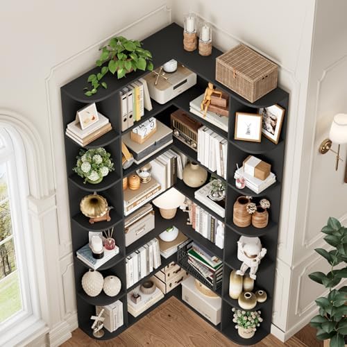 FOTOSOK 72" Tall Corner Bookshelf, 6-Tier Bookshelf and Bookcase, Black - Image 4