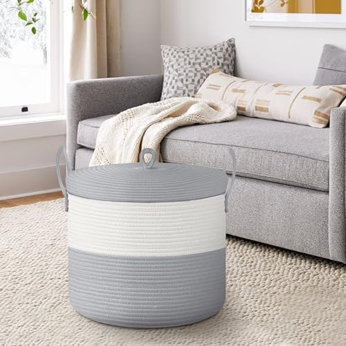 18" X 14" Large Wicker Basket with Lid, Blanket Basket Living Room, Woven Cotton Rope Storage Bin, Kids Dog Toy Storage Bin Box, Tall Laundry Hamper, Blankets Pillows Organizer Holder - Image 5