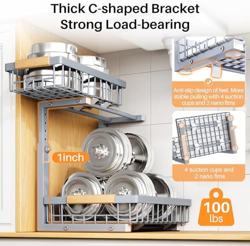 PXRACK Under Sink Organizer, Adjustable Height, 2 Tier Pull Out Under Cabinet Organizer, Slide Out Thickened Metal Under Sink Storage for Kitchen Bathroom Laundry Pantry Cabinet, Grey, Large-1-Pack - Image 6