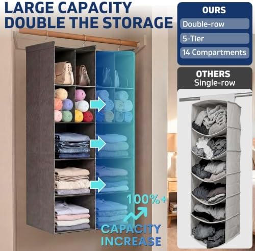 5 Tier Hanging Closet Organizer, 14 Compartments Dual Row Storage, Grey - Image 3