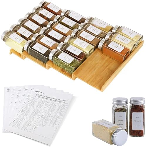 Spice Drawer Organizer with 24 Spice Jars,216 Labels,25 Non-slip Rubber, Bamboo 4 Tier Seasoning Rack Tray Insert for Kitchen Drawers,Cabinets,Countertop,11" Wide x 15.8" Deep by KitHero