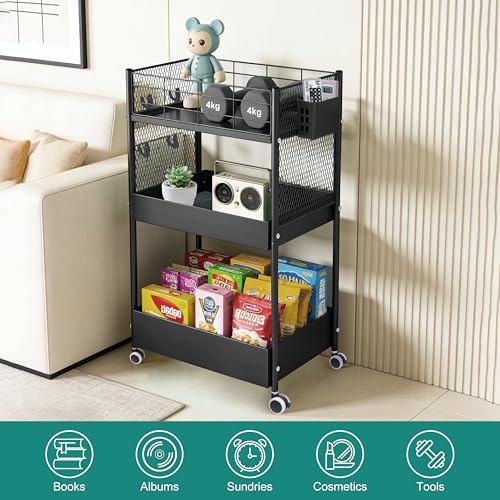 3 Tier Rolling Storage Cart Metal Utility Cart with Wheels - Image 3