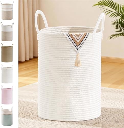72L Large Tall Cotton Rope Laundry Basket with Handles, White by SunNewt