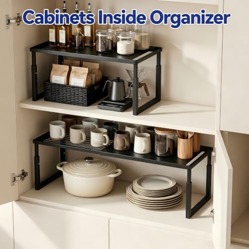 Expandable Cabinet Shelf Organizer, Stackable Countertop Shelves, Black - Image 4