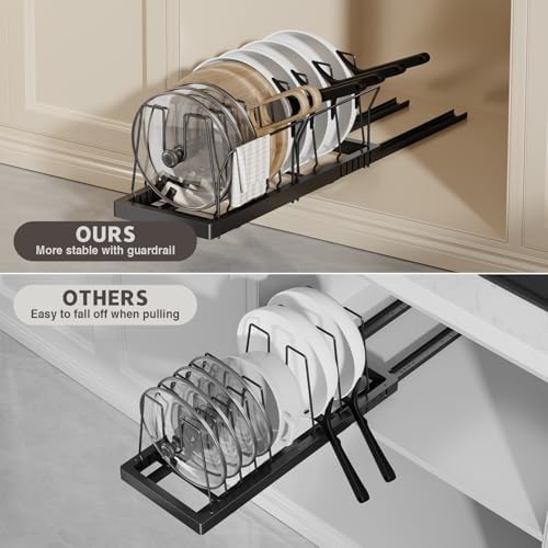 Magheo Pots and Pans Organizer Under Cabinet, 22" Deep Expandable Pull Out Pot Lid Organizer and Storage with 10 Adjustable Dividers No Drill Pot and Pan Holder Rack with Handle Bracket(1 Pack,Black) - Image 5