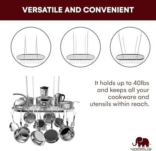 Vdomus Hanging Pot Rack - Ceiling Mount Kitchen Organizer for Pots and Pans with 15 Hooks - 33 x 17 Inches Heavy-Duty, Durable and Space-Saving Pan Holder - Silver - Image 3