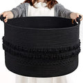 CherryNow 90L Large Woven Rope Blanket Basket with Tassel, 22" x 14", Black by CherryNow