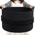 CherryNow 90L Large Woven Rope Blanket Basket with Tassel, 22" x 14", Black by CherryNow