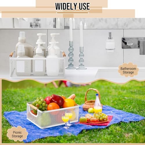 Rtteri 4 Pack White Metal Wire Basket with Wood Handle 2 Size Large Metal Mesh Basket Stackable Wire Storage Bin for Pantry Food Snacks Storage Kitchen Organizing - Image 6