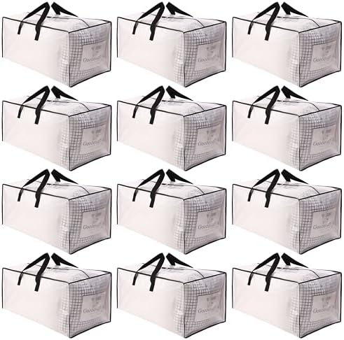 SWEET DOLPHIN 12 Pack Extra Large Moving Bags with Strong Zippers & Carrying Handles, Heavy Duty Storage Tote for Space Saving Moving Storage, Fold Flat, Alternative to Moving Box, Semi-Transparent by SWEET+DOLPHIN