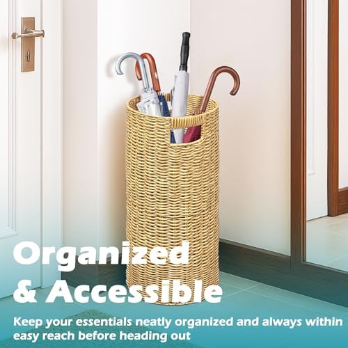 Rattan Umbrella Holder 21" H X 10" D, Handmade Wicker Umbrella Stand Indoor with Dip Tray, Sturdy Umbrella Holders for Entryway, Umbrella Bucket Fits Mudroom,Walking Canes,Home,Office (Oak) - Image 5