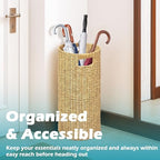 Rattan Umbrella Holder 21" H X 10" D, Handmade Wicker Umbrella Stand Indoor with Dip Tray, Sturdy Umbrella Holders for Entryway, Umbrella Bucket Fits Mudroom,Walking Canes,Home,Office (Oak) - Image 5